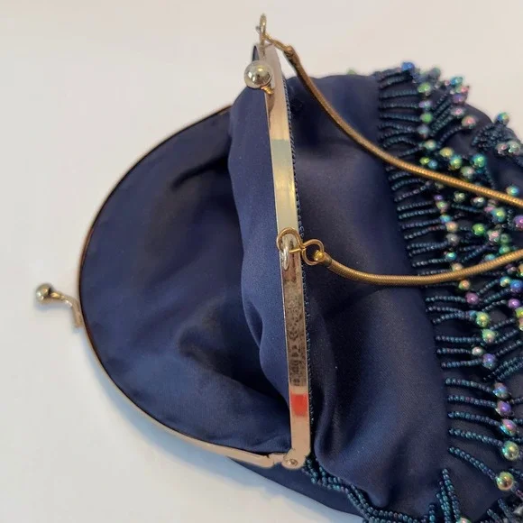 Vintage Navy Blue Satin Beaded Fringe Evening Bag Iridescent Oil Slick Kiss Lock - Picture 8 of 11